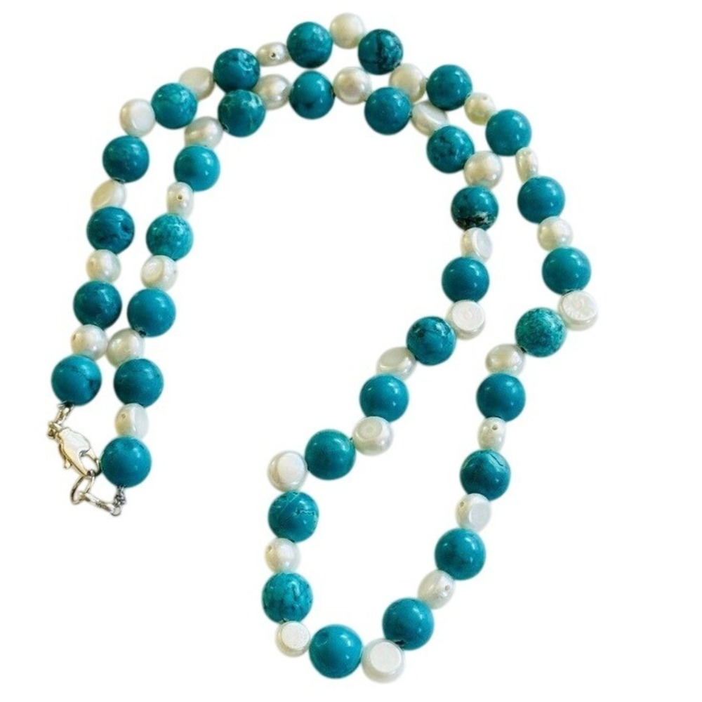 magnesite turquoise blue Necklace cultured‎ pearl beads beaded strand collar 22"